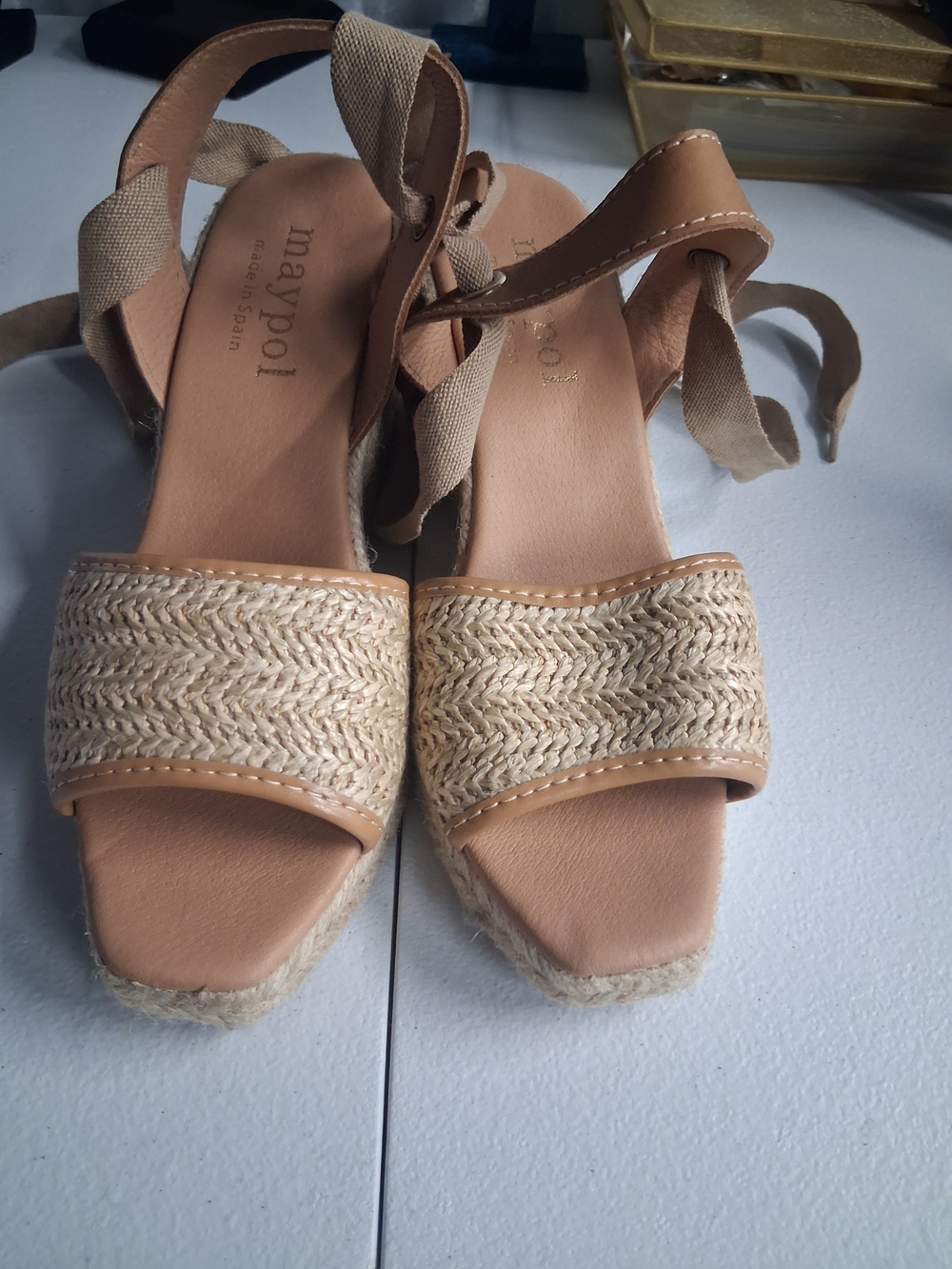 Maypol Tan Espadrille Wedge Sandals with Ankle Tie